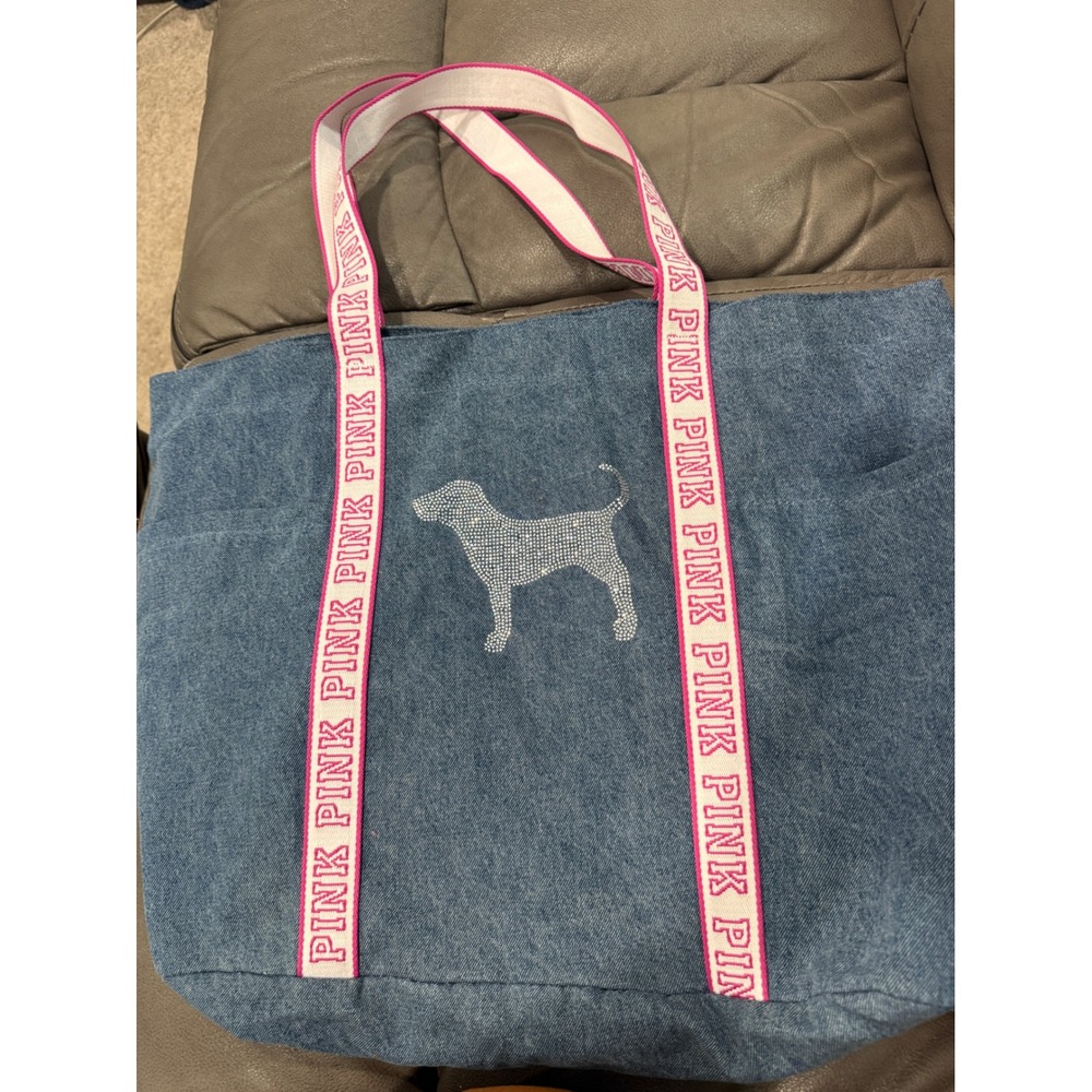 Victoria's Secret PINK Denim Tote Bag Rhinestone Dog Logo Blue Pink Straps